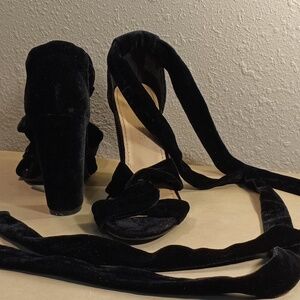Just Fabulous~Black 4" Open Toe Lace Up Black Velvety Block Heels
